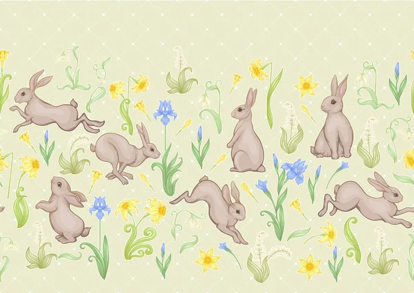 Patrón sin costura, ackground con flores de primavera y conejos, liebres . — Vector de stock