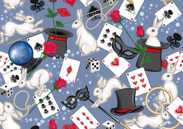 Magician items seamless pattern, background.