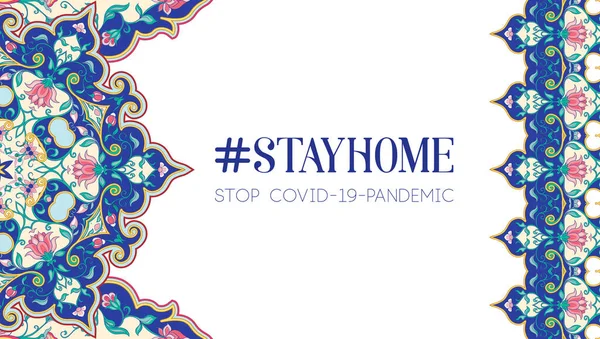 Slogan, hashtag resta a casa Stop COVID-19-pandemia segno — Vettoriale Stock