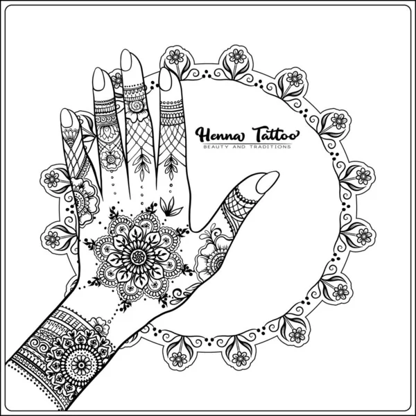 Händerna med traditionella indiska henna tatuering. — Stock vektor