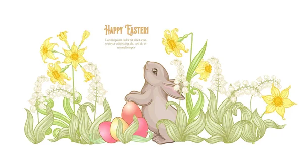 Plantilla de Pascua feliz postal, póster con liebre — Vector de stock