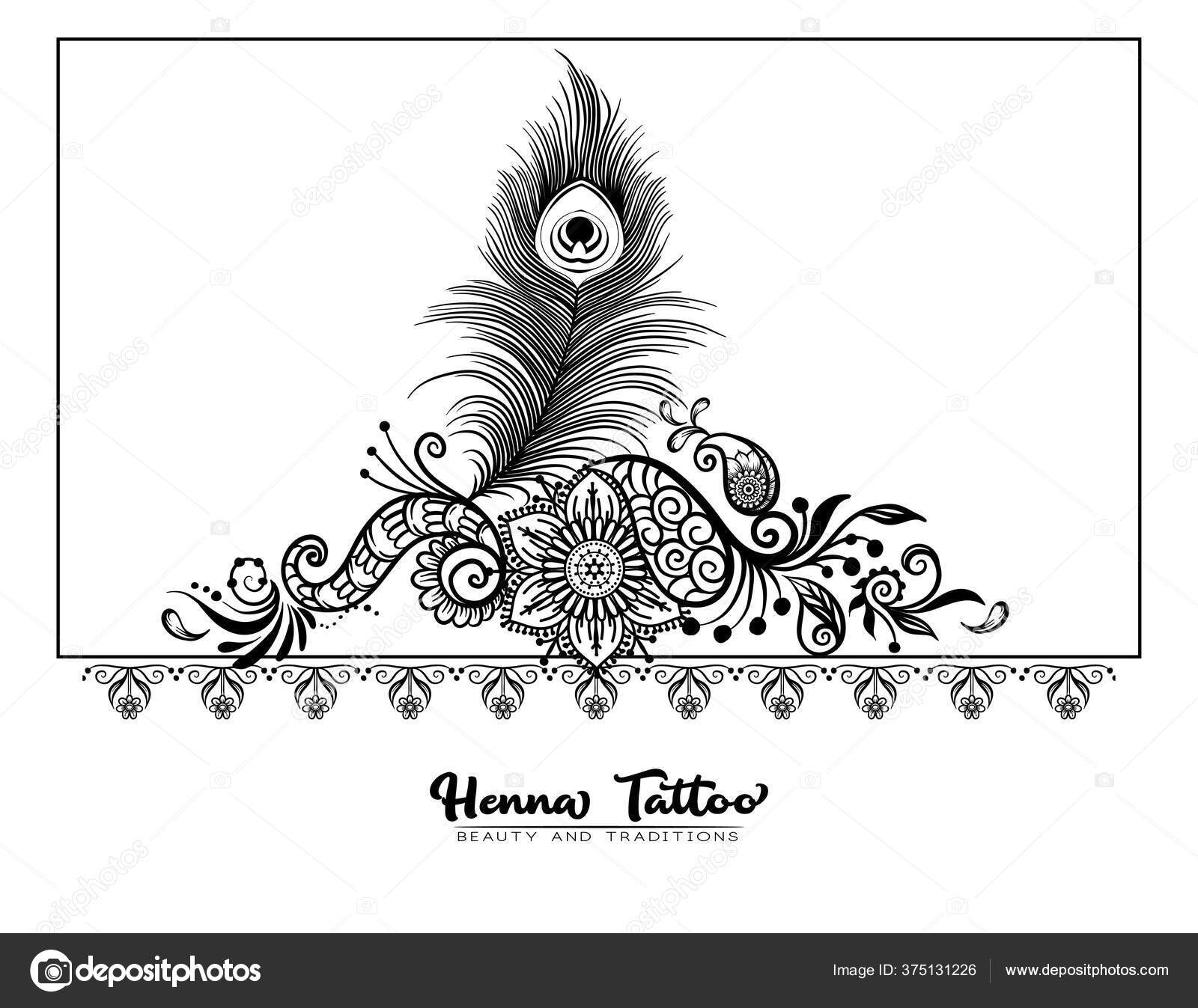 Tatuagem de hena indiana tradicional com pena de pavão . Vetor de  ©ElenaBesedina 375131226, image size:1600x1347
