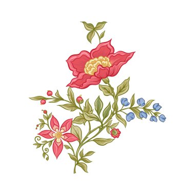 Fantasy flowers in retro, vintage, jacobean embroidery style clipart