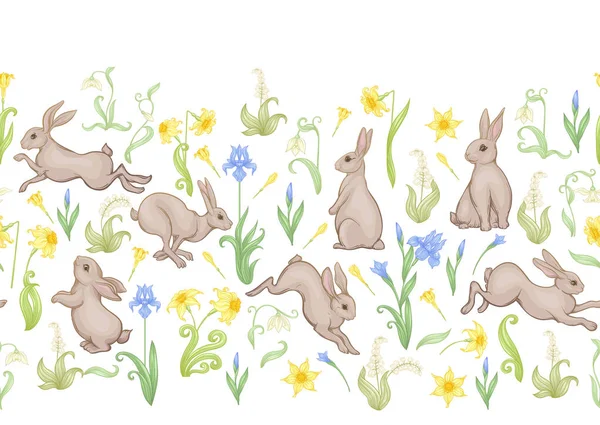 Seamless pattern, ackground with spring flowers and rabbits, hares. — Stock Vector