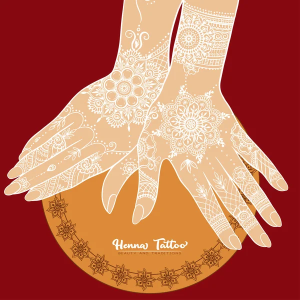 Händerna med traditionella indiska henna tatuering. — Stock vektor