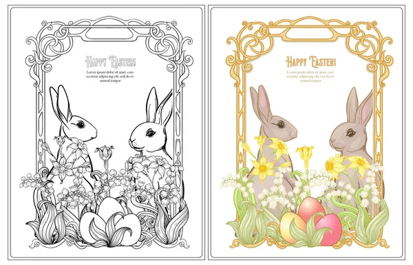 Bonne page de coloriage de Pâques pour le livre de coloriage adulte avec des fleurs de printemps, des œufs et du lapin . — Image vectorielle