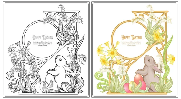 Bonne page de coloriage de Pâques pour le livre de coloriage adulte avec des fleurs de printemps, des œufs et du lapin . — Image vectorielle