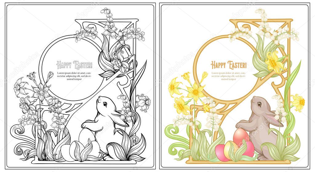 Happy easter Coloring page for the adult coloring book with spring flowers, eggs and rabbit.