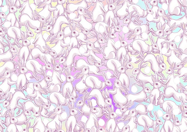 Nahtloses Muster mit Hasen, bunte Eier zu Ostern. — Stockvektor