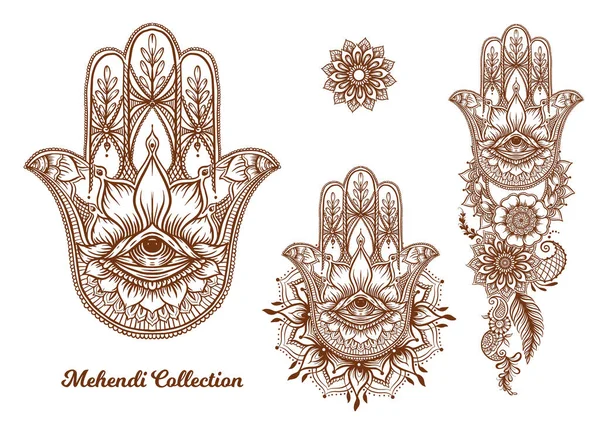 Ornate hand drawn hamsa set. — Stock Vector