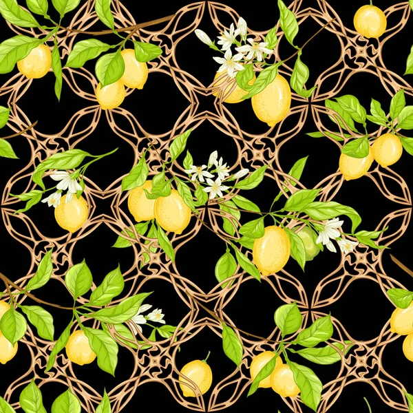 Branche de citronnier avec motif sans couture citrons — Image vectorielle