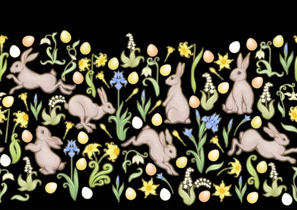 Patrón sin costuras con liebres, huevos de colores y flores de primavera para Pascua . — Vector de stock