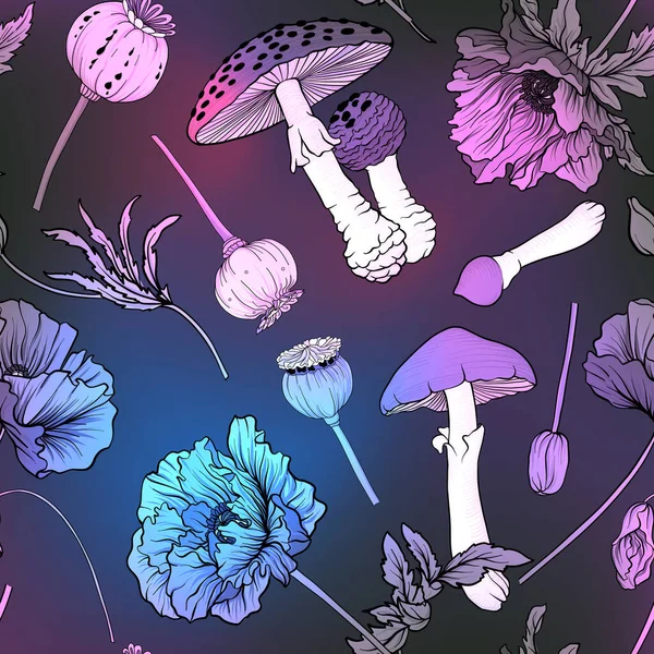 Modèle sans couture, fond avec miraculeux, plantes hallucinogènes — Image vectorielle