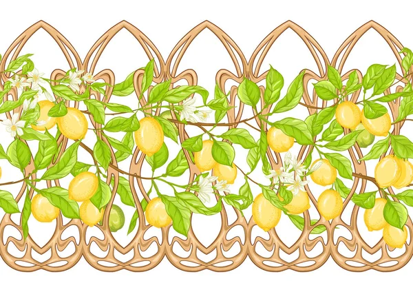 Ramo de árvore de limão com padrão sem emenda de limões — Vetor de Stock