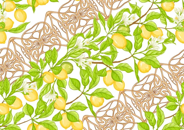 Ramo di albero di limone con limoni modello senza soluzione di continuità — Vettoriale Stock