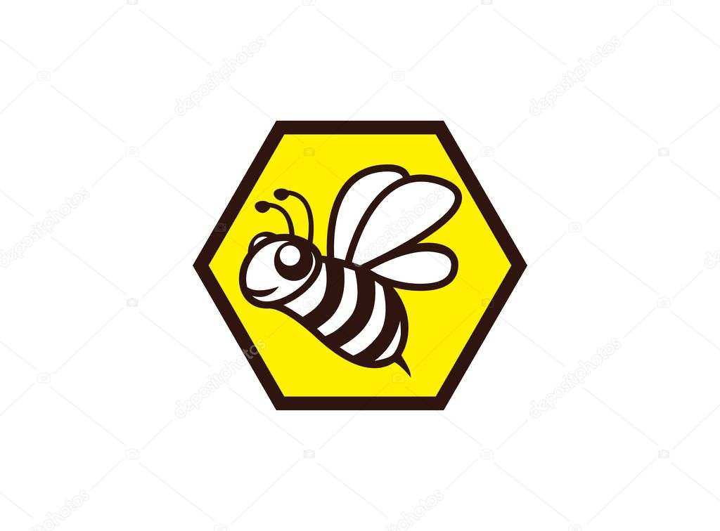 Happy bee open wings and fly in a hexagon beehive for logo design illustration on white background