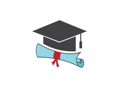Mezuniyet şapkası, diploma simgesi tasarımı resimleme beyaz arkaplanda izole edilmiş