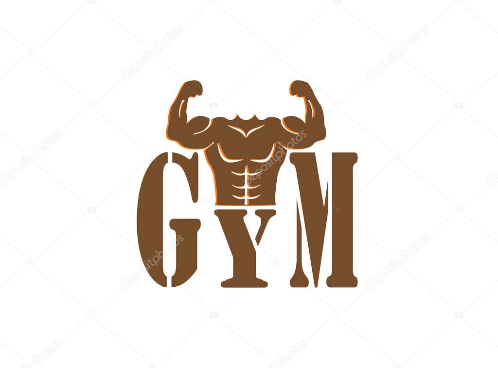 Gym bodybuilding strong body muscles icon cartoon logo design illustration on white  background