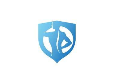 Kalkanda bir insan vücudu, omurga terapi şekli, güvenlik sağlık ikonu, güvenli daire çizimi, koruma ve beyaz arka planda logo çizimi