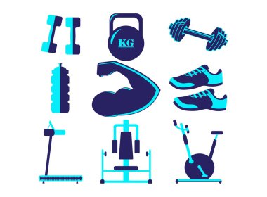 Spor aletleri seti, spor malzemeleri ikonları. Vücut yapımı dambıllar, halterler ve şişe, spor ayakkabıları, kardiyo makineleri, beyaz arka planda bisiklet çizimi
