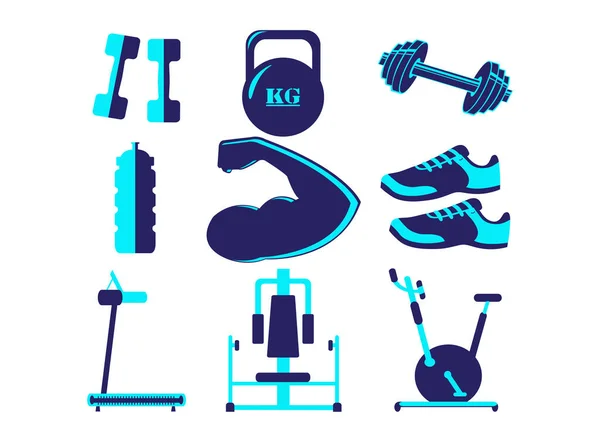 Fitness and gym equipment set, sports items icons. bodybuild Dumbbells, barbell, and bottle, training sneakers, cardio machines, bike illustration on a white background