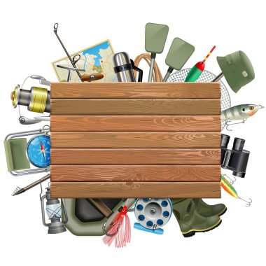 Vector Old Wooden Board with Fishing Tackle