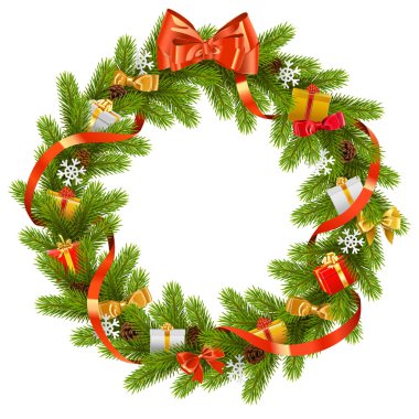 Vektör köknar çelenk hediyeler ile