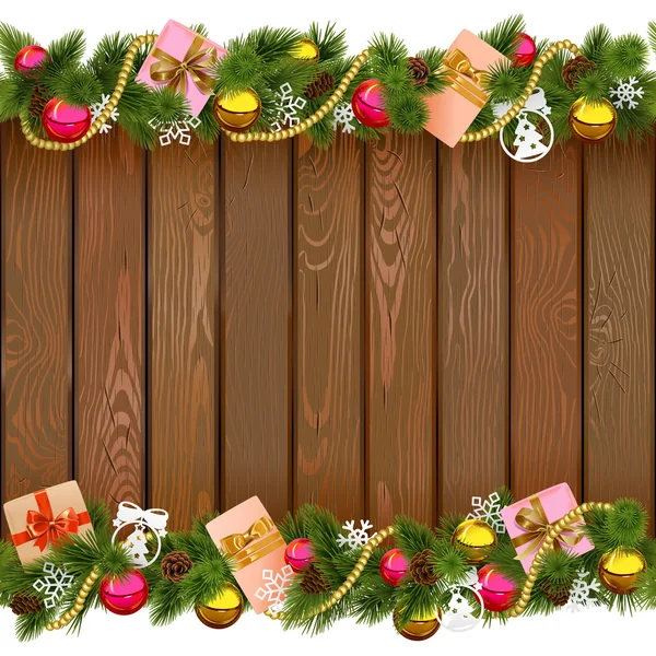 Vector naadloze kerst grens met giften op houten plank — Stockvector