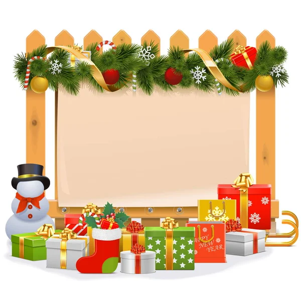 Clôture en bois vectorielle avec décoration de Noël — Image vectorielle