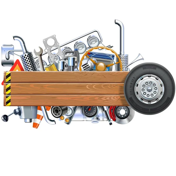 Vector houten plank met Truck Spares — Stockvector