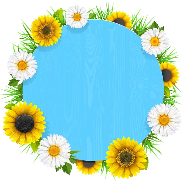 Vector Blue Round Wooden Frame with Flowers — Stock Vector