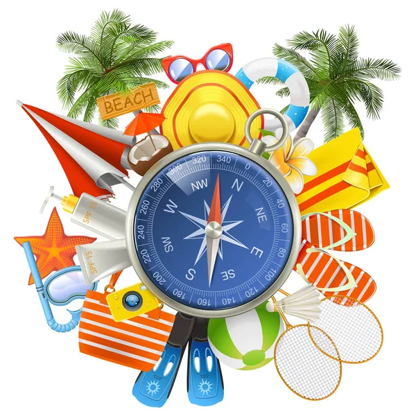 Vector Beach Accessories with Compass — Stock Vector