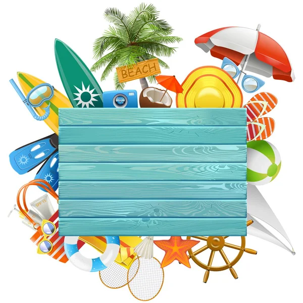 Concepto de playa vectorial con tablero azul — Archivo Imágenes Vectoriales