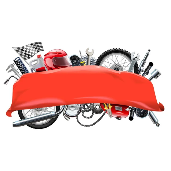 Banner vermelho do vetor com peças sobressalentes da motocicleta — Vetor de Stock