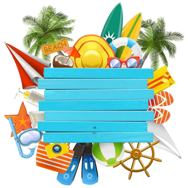 Vector Beach Accessoires mit Holzplanke — Stockvektor