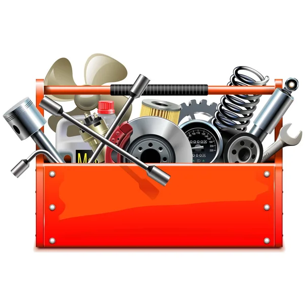 Caja de herramientas roja del vector con las piezas del coche — Vector de stock