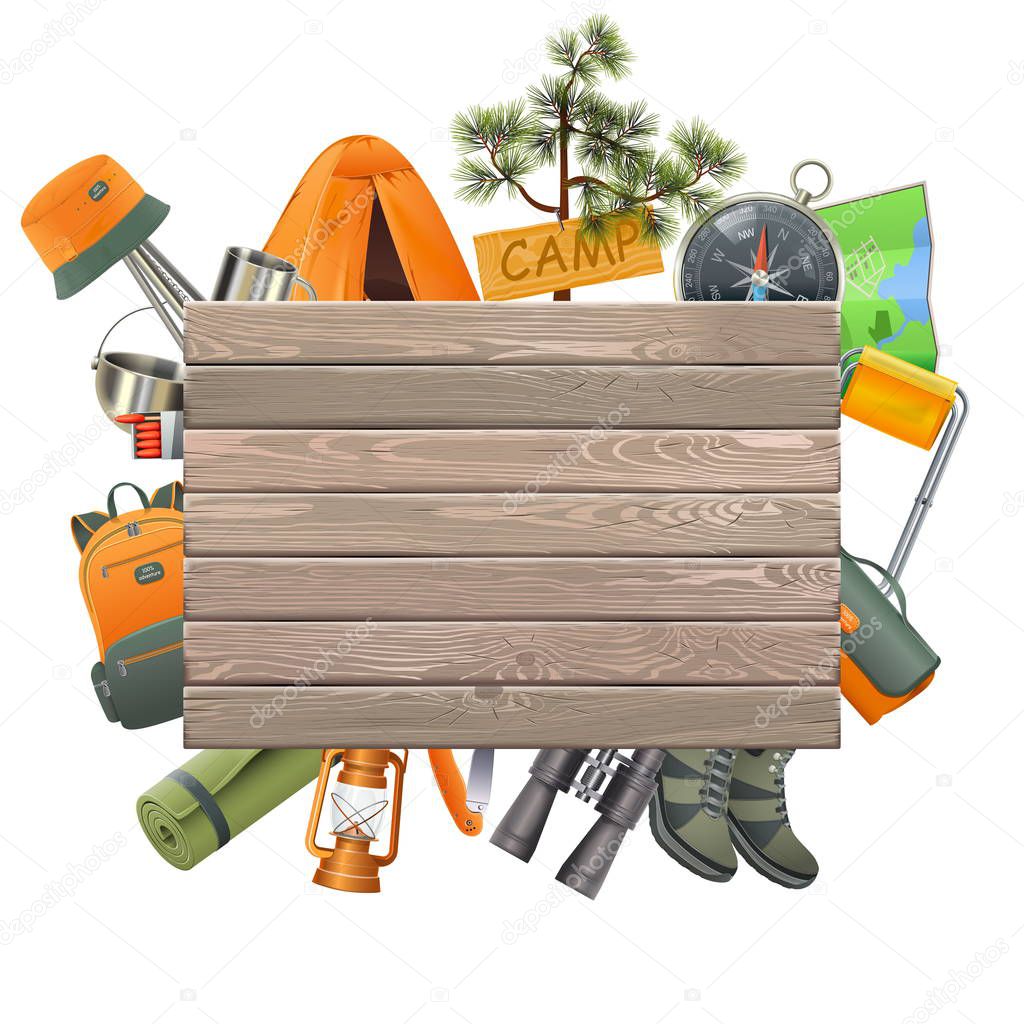 Vector Camping Concept with Wooden Plank