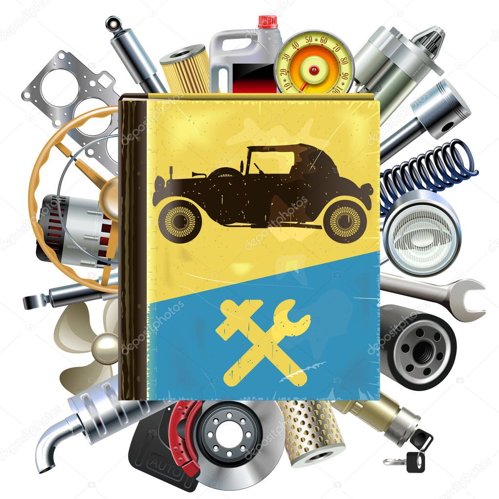 Vector Old Automobile Repair Book with Car Spares