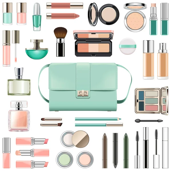 Vector Makeup Cosmetics with Mint Green Handbag — Stock Vector