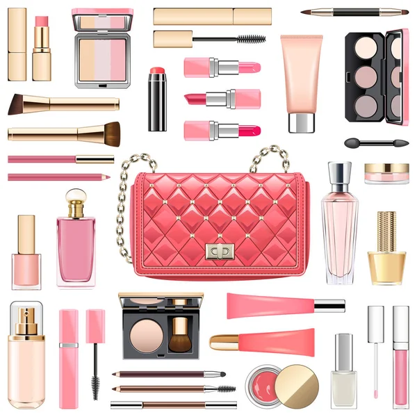 Cosméticos de maquillaje vectorial con bolso rosa — Vector de stock