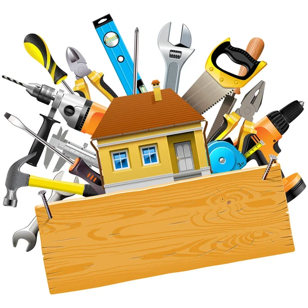 Herramientas de construcción vectorial con casa — Vector de stock