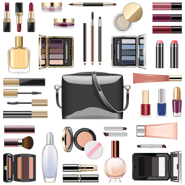 Cosméticos de maquillaje vectorial con bolso negro — Vector de stock