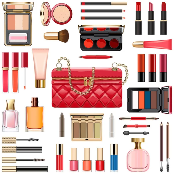带红色手提包的矢量彩妆化妆品 — 图库矢量图片