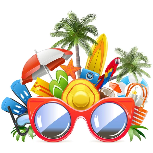 Vector Red Sunglasses with Beach Concept — Stock Vector