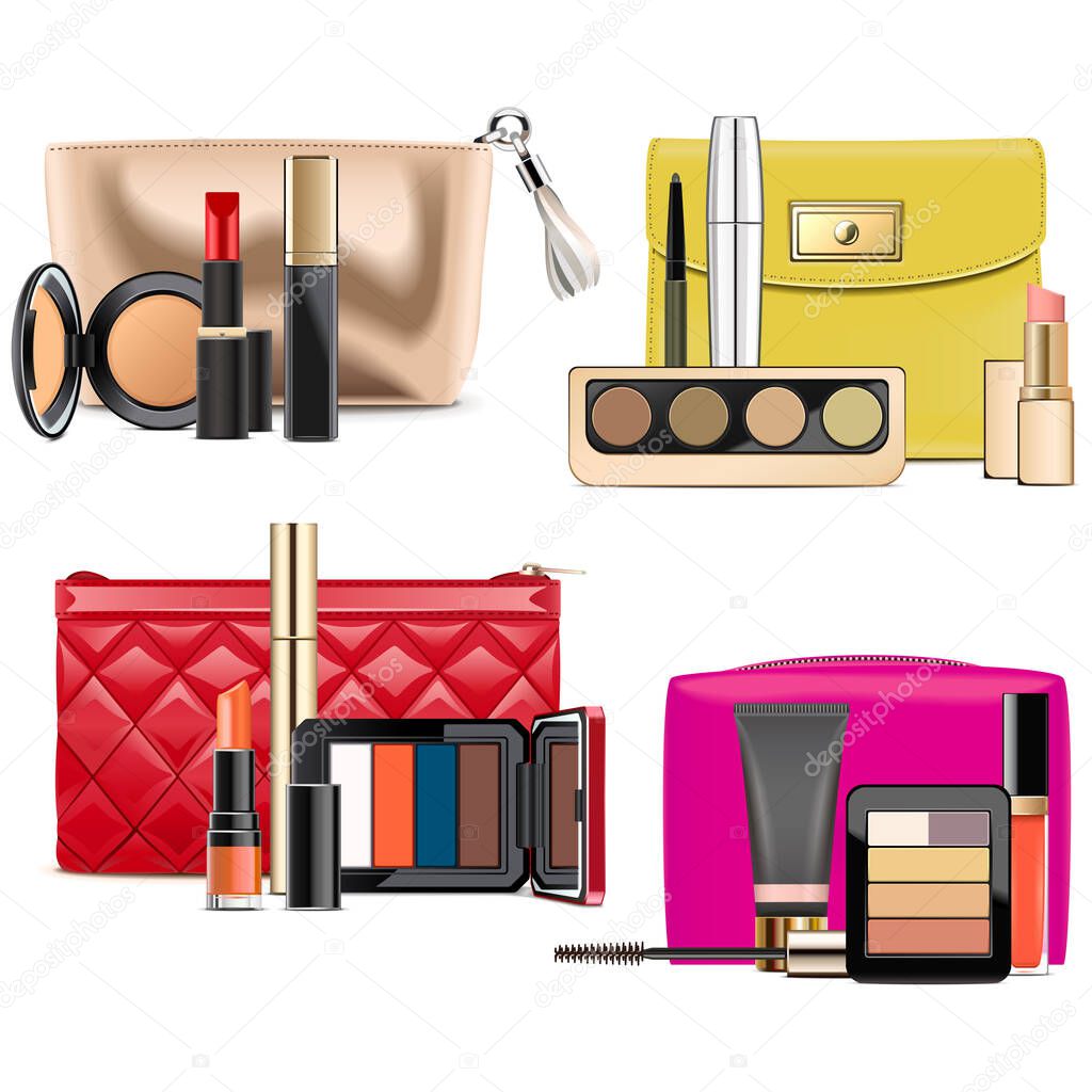 Vector Cosmetic Bags with Makeup isolated on white background
