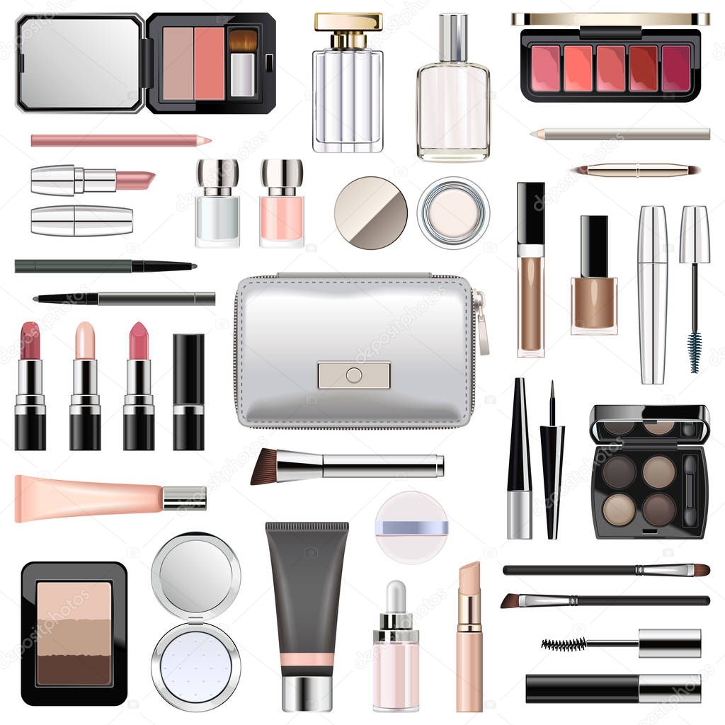 Vector Makeup Cosmetics with Silver Cosmetic Bag isolated on white background