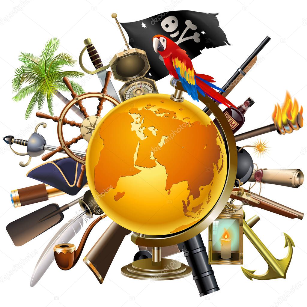 Vector Pirate Concept with Globe isolated on white background