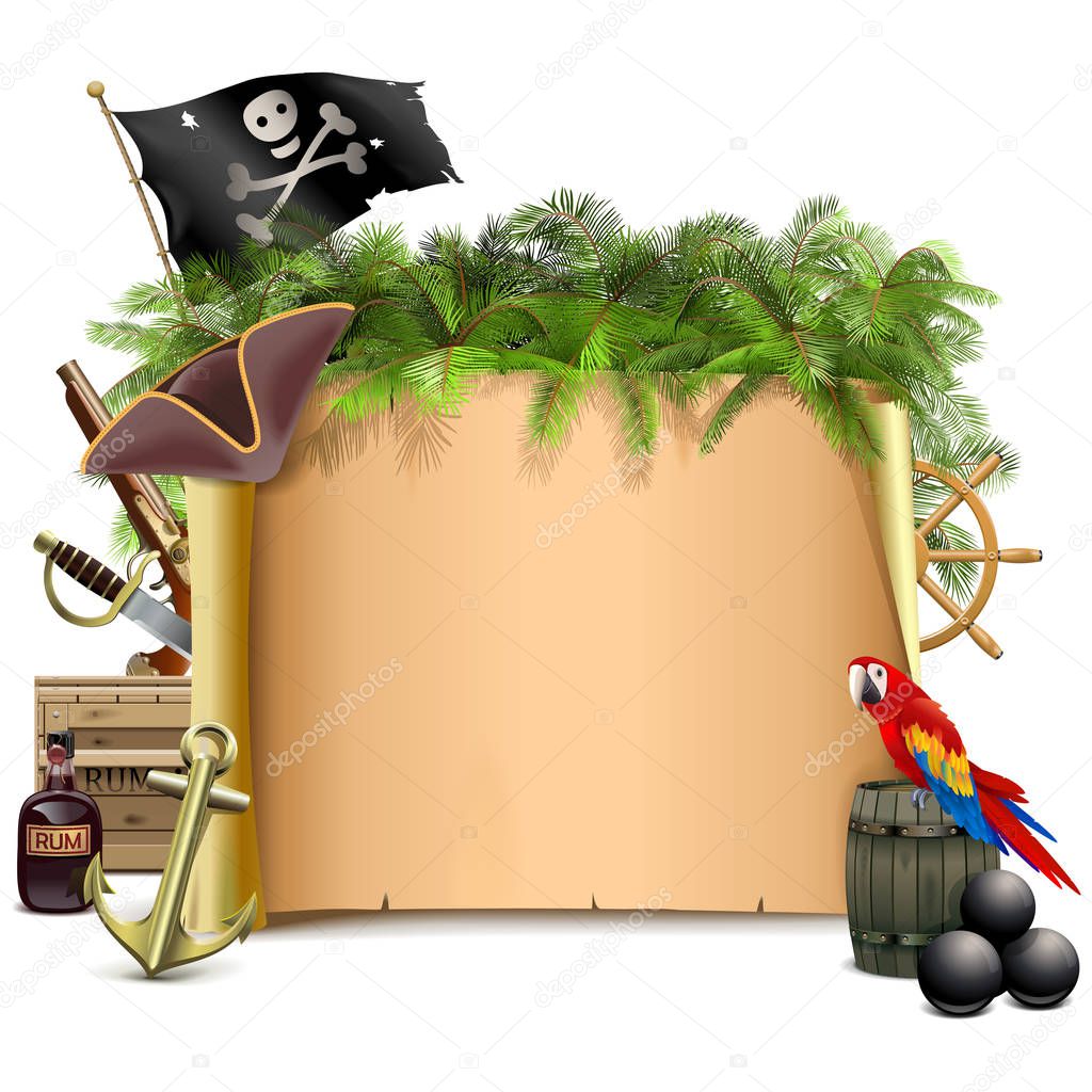 Vector Pirate Scroll with Palm Tree isolated on white background