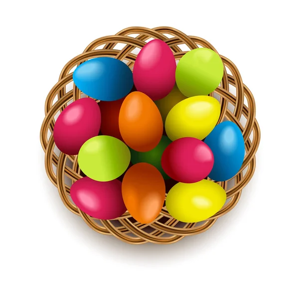 Vector Huevos Pascua Con Cesta Mimbre Aislado Sobre Fondo Blanco — Archivo Imágenes Vectoriales