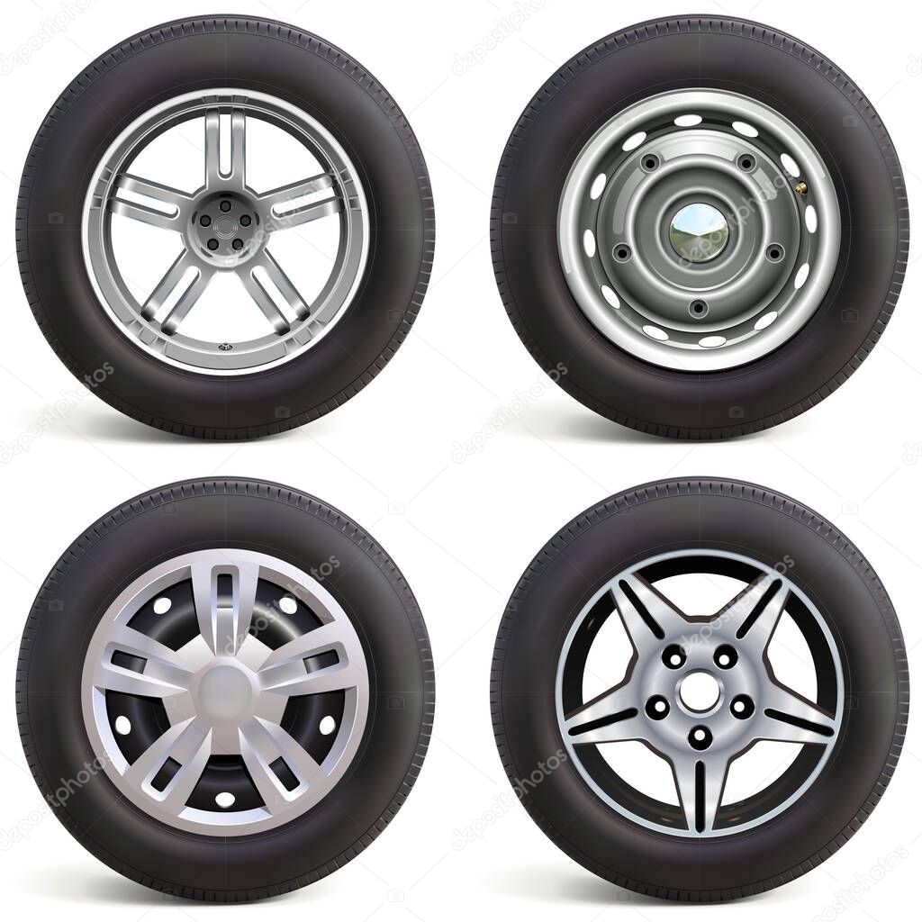 Vector Car Wheels with Rims isolated on white background